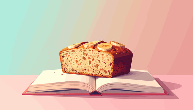 A close-up shot of a freshly baked banana bread loaf, sliced and adorned with banana pieces, resting on an open book against a pastel backdrop