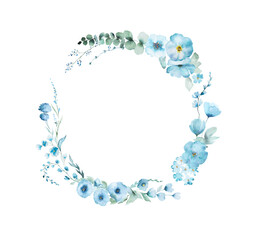 Fototapeta premium Frame with Watercolor light blue and turquoise flowers and leaves, pastel wedding isolated illustration