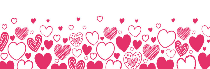 Banner with cute cartoon floating hearts. Background with hand drawn shapes. Doodles. Design for Valentine&rsquo;s Day, Mother&rsquo;s Day and Women&rsquo;s Day. Vector illustration
