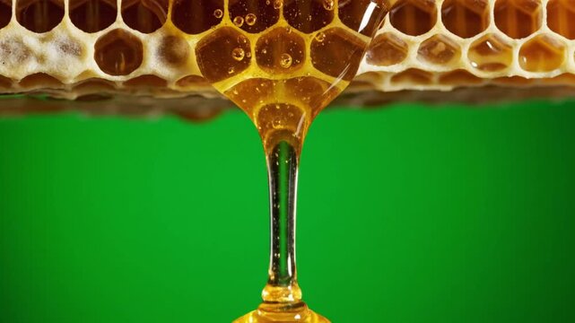 Close up slow motion video of golden honey dripping from honeycomb onto green screen background, natural sweet food macro