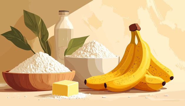 Fresh baking ingredients ripe yellow bananas, fine white flour, milk, and butter. Essential items arranged for wholesome homemade recipes and culinary creations