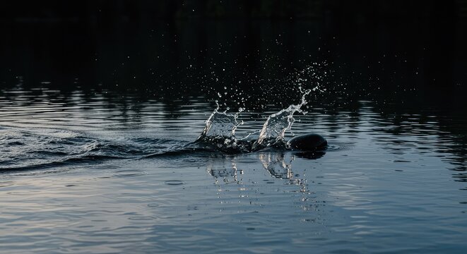 A smooth, gray skipping stone bounces rapidly across the calm surface of a freshwater lake, generating dynamic ripples and captured water spray ,quick ,momentum ,action