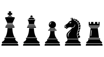 Silhouette icons representing essential chess pieces including the king queen bishop and rook stand ready for a strategic board game competition symbolizing intellect and tactical planning. © Muhammad