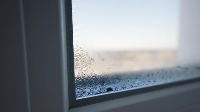 Water droplets accumulate on the surface of a cold window pane during a sunny winter day. Concept of humidity, temperature difference, and atmospheric moisture accumulation.