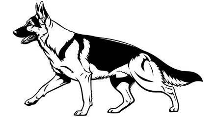 German shepherd dog illustration walking with alert expression and distinctive black markings on white fur in a simple graphic style