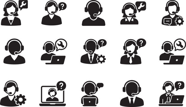Online support assistance icon set with customer service and technical help symbols.