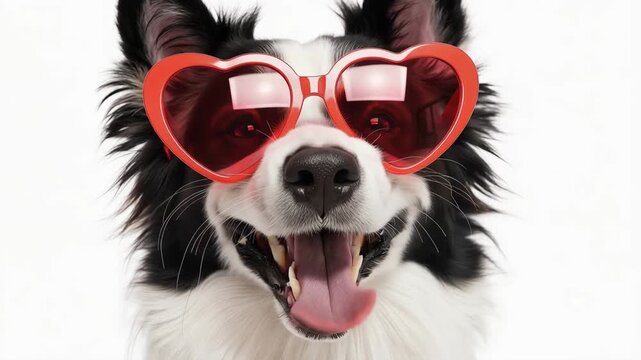 A playful black and white border collie dog wearing red heart-shaped sunglasses, looking up, smiling and panting tongue out for Valentines Day.