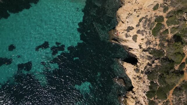 Vista a&eacute;rea de Cala Bella Dona en Sol de Mallorca, Calvi&agrave;, con playa, mar, barcos, zona residencial y bosque en verano