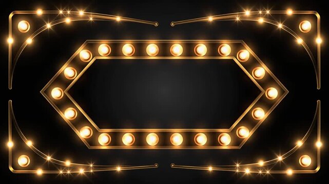 Glowing gold marquee sign with lights on black background for advertisement or announcement