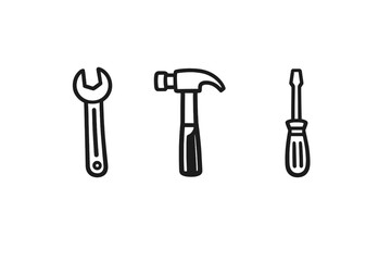 Naklejka premium A minimalist black and white illustration featuring three hand-drawn tool icons: a wrench, a hammer, and a screwdriver, arranged horizontally on a plain white background.