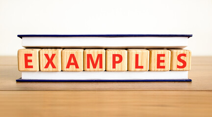 Example examples word symbol. Concept word Examples on beautiful wooden blocks in beautiful book. Beautiful wooden table white background. Business example examples word concept. Copy space.