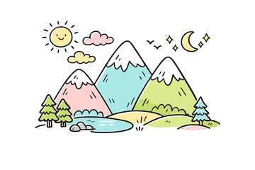This whimsical doodle shows three colorful mountains under a sky with both a smiling sun and a crescent moon. The scene includes small trees, a pond, and stars on a black background.