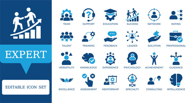 Expert and Professional Skill Icons. Featuring mentorship, talent management, education, and business coaching symbols. Editable vector for HR apps, recruitment, and training reports