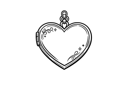 This minimalist line art drawing depicts a heart-shaped locket adorned with delicate swirls and star motifs. The elegant jewelry design is presented on a solid black background.