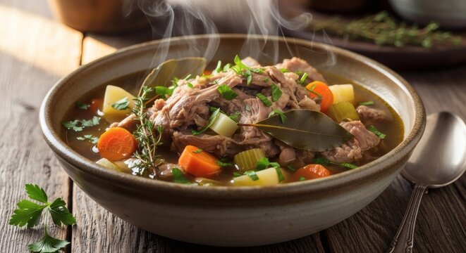 Homemade turkey neck soup with vegetables in rustic bowl on wooden table, steamy comfort food meal perfect for turkey Neck Soup Day