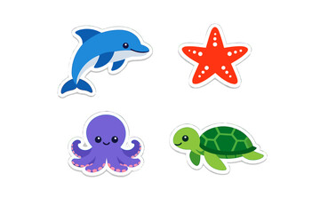 Fototapeta premium A set of four cute cartoon sea animal stickers featuring a blue dolphin, a red starfish, a purple octopus, and a green sea turtle, all with white borders on a black background.