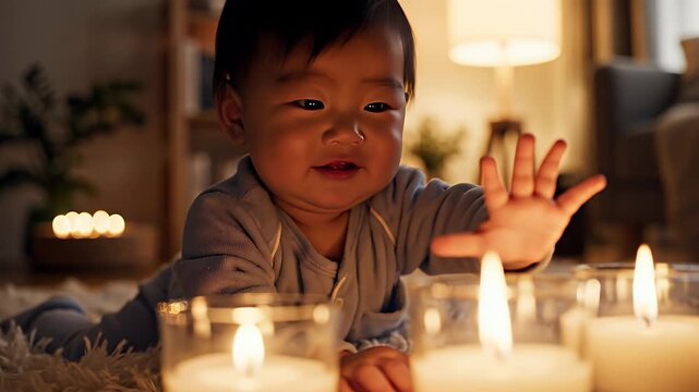 Curious Baby with Candles - A young Asian baby lies on a fluffy white rug, reaching out towards a row of lit candles in glass holders.