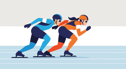 Two speed skaters in motion on ice track, side by side, in competitive racing event from front viewpoint