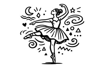 Fototapeta premium A black and white line art illustration of a ballerina dancing gracefully surrounded by celestial elements like stars and a crescent moon, featuring a whimsical doodle style.