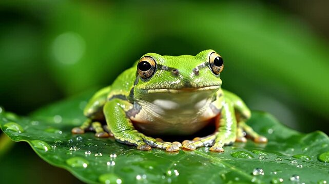 Green Tree Frog on Leaf - A vibrant green tree frog sits perched on a lush green leaf covered in water droplets.