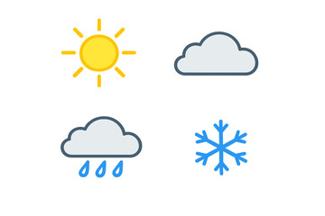 Fototapeta premium A set of four weather icons featuring a bright yellow sun, a white cloud, a cloud with blue raindrops, and a blue snowflake, all displayed on a solid black background.