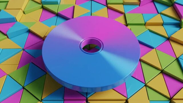 Colorful shapes surround a shiny disc in a bright and lively setting