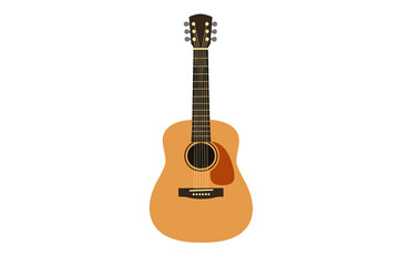 Naklejka premium A flat vector illustration of a classic acoustic guitar featuring a light brown body and dark brown pickguard, centered vertically against a solid black background.