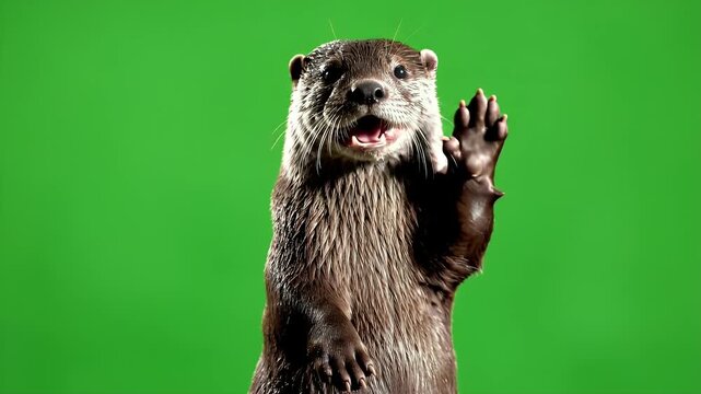 Curious Otter Against Green Screen - A playful otter is seen in the foreground, standing with its paws held up close to its face, against a vibrant green screen background.