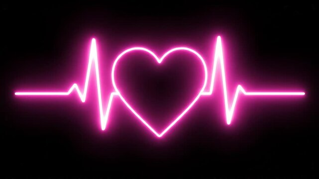 Neon pink heart rate line with heart symbol on black background for medical or love concept
