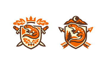 Fototapeta premium Two vector crests featuring orange salamanders on shields. One emblem includes a crown and swords, while the other shows mountains, a moon, and arrows in a rustic outdoor style.