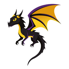 Fototapeta premium Cartoon Black Fire Dragon with Yellow Wings. Fantasy flying dragon or dinosaur. Mythical character. Suitable for children's books, branding, sticker, logo, icon. Isolated vector on white background
