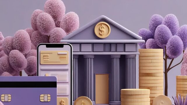 3D Rendered Bank Building with Coins and Smartphone - Financial Technology and Investment Concept Illustration.