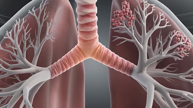 Lungs with Cancer Growth Illustration - This is a 3D video showing the anatomical structure of human lungs with cancerous tumors developing.