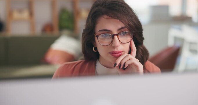 Computer, reading and business woman in office, market research and identify potential threat for trading. Mitigation planning, review and risk manager with solution proposal, evaluation report or pc