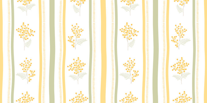 Botanical stripe repeat with mimosa branches and hand drawn lines. Scandinavian flat style. Modern Floral seamless pattern. Ideal for spring textiles, wallpaper, packaging