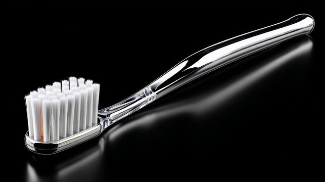 Chrome toothbrush with white bristles displayed in a horizontal side view, showcasing a smooth body and controlled reflections on a black background for product presentation