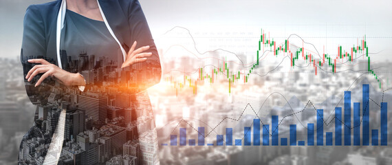 Business professional stands confidently with arms crossed against a backdrop of city and financial graphs, symbolizing growth and market analysis in urban settings. Scalp © InfiniteFlow