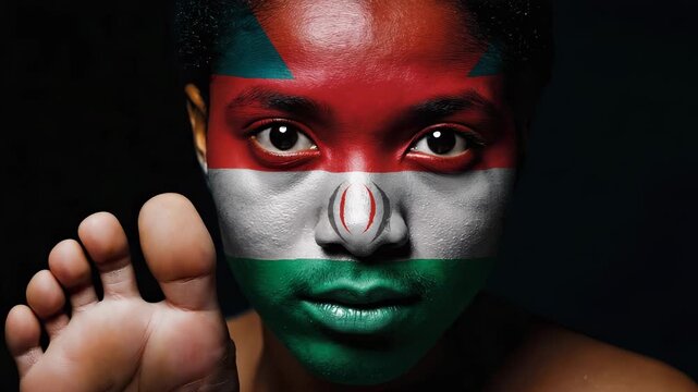 Young Woman's Face Painted with Flag Colors, Pointing Finger - Patriotic Portrait, Cultural Representation, Global Unity