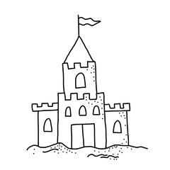 Obraz premium Minimal sandcastle line art illustration with flag on top. Simple black outline beach drawing isolated on white background.