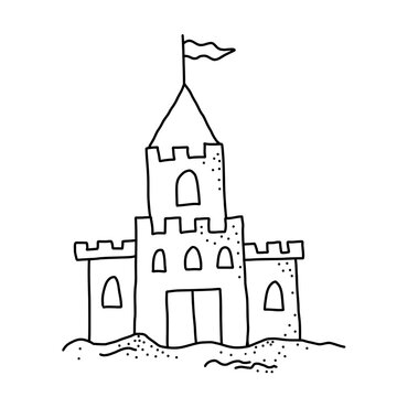 Minimal sandcastle line art illustration with flag on top. Simple black outline beach drawing isolated on white background.