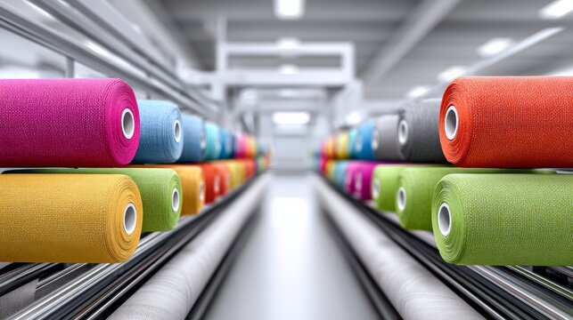 Colorful fabric rolls in various hues positioned on automated textile machinery, showcasing modern manufacturing technology in a well-lit industrial setting