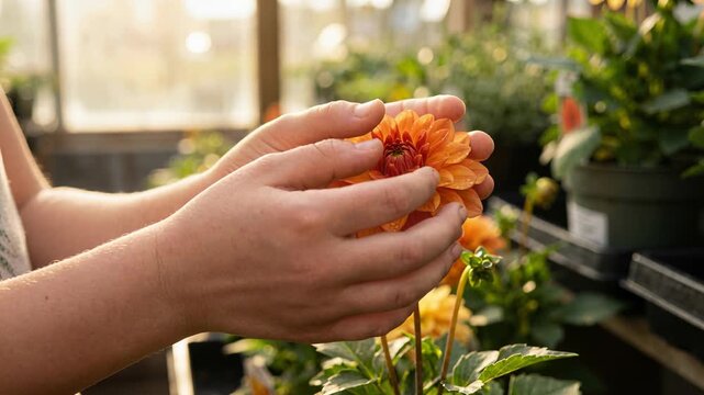 A person is picking an orange flower in a greenhouse filled with plants and bright sunlight
