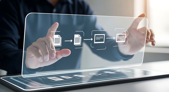 Hands touching a futuristic transparent screen displaying a flowchart for process management and workflow automation