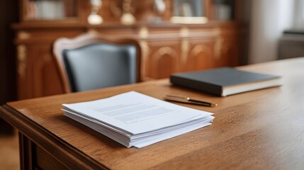 Fototapeta premium A professional office scene with a desk holding papers a book and a pen