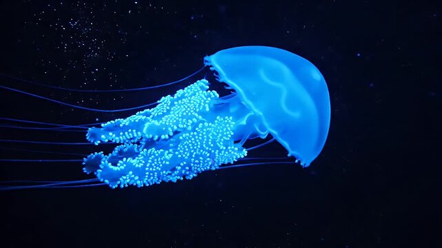 Blue Jellyfish in Deep Water - This video features a bright blue jellyfish gracefully floating in the dark depths of the ocean.