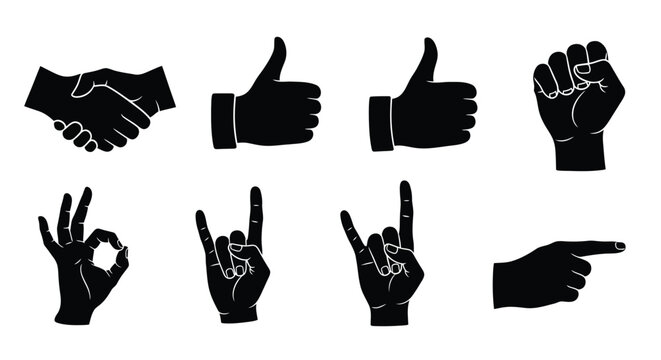 Collection of black silhouette hand gestures and signs on a white background