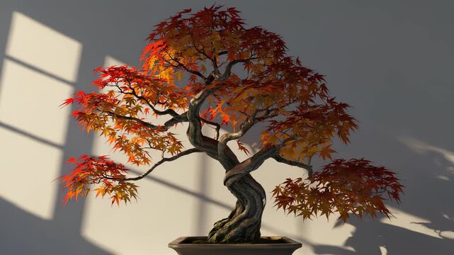 Detailed close-up of a meticulously pruned Japanese maple bonsai tree, showcasing intricate branch structure and vibrant autumn foliage in a ceramic pot.