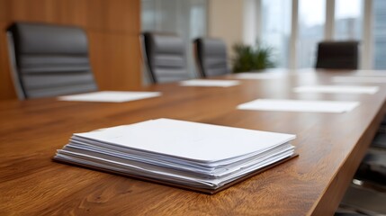 Naklejka premium A stack of documents sits on a polished wooden conference table in a modern office boardroom ready for a meeting