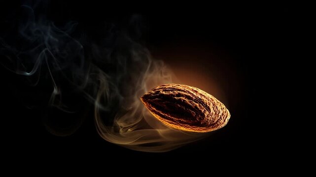 A close-up shot of a glowing nut surrounded by swirling smoke against a black background