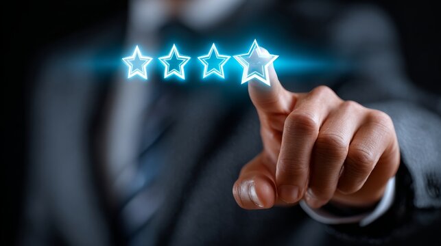 Business professional in a suit interacts with a glowing 5-star testimonial holographic screen in a modern office environment with blue neon lighting and a blurred background